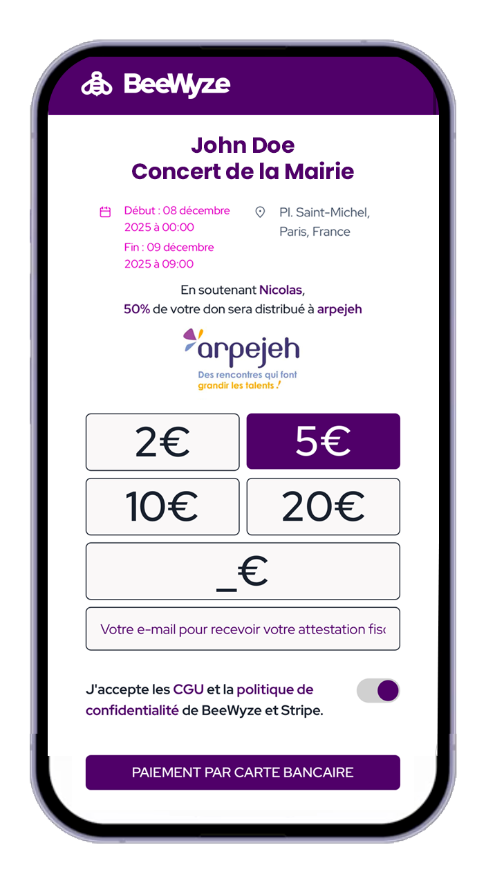 Smartphone showing BeeWyze app interface with QR code scanning and donation features