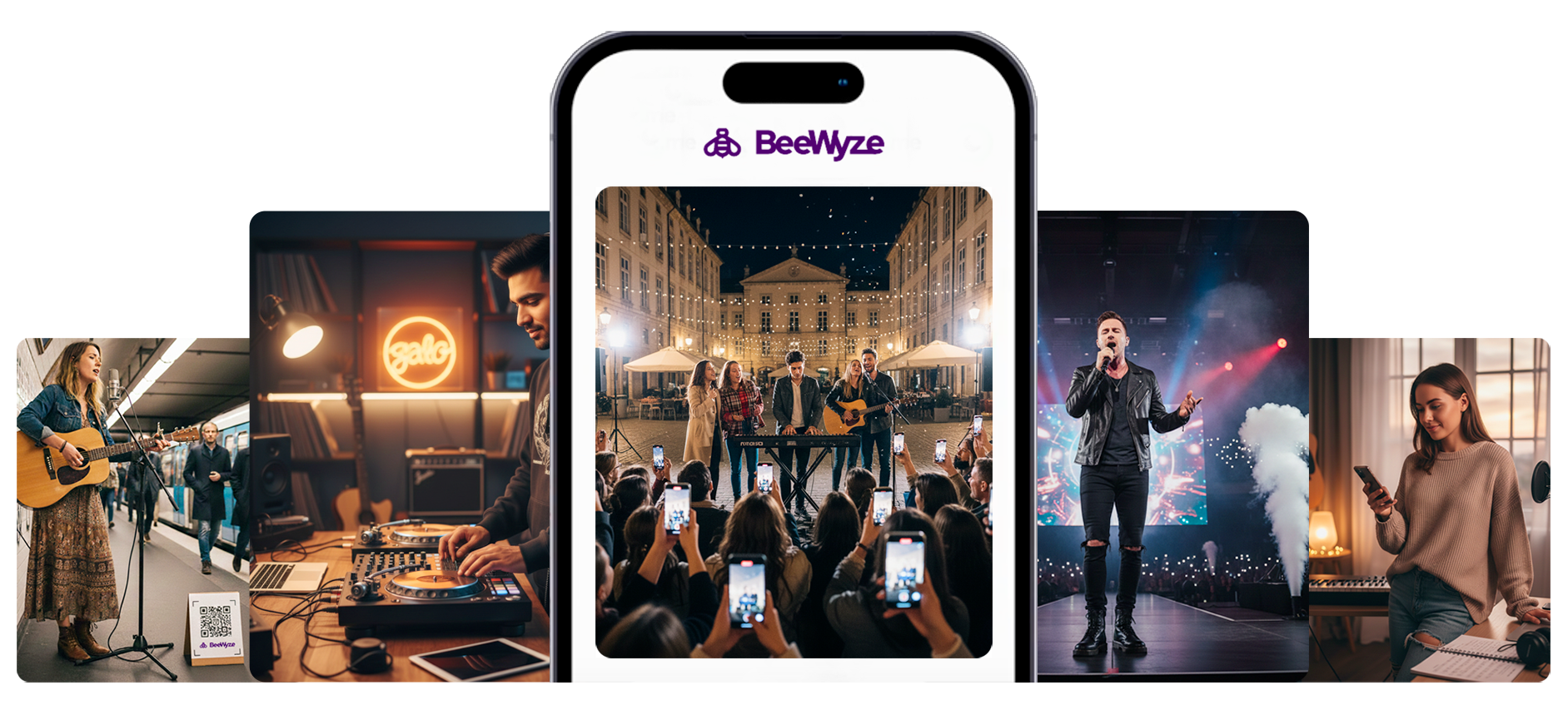 Two smartphones showing the BeeWyze mobile application interface with donation features and artist profiles